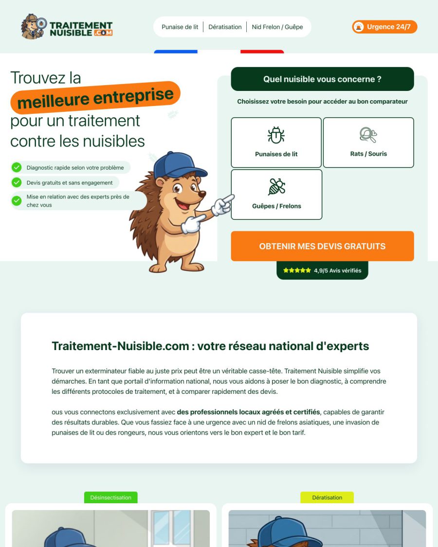 La page d'accueil de Traitement Nuisible